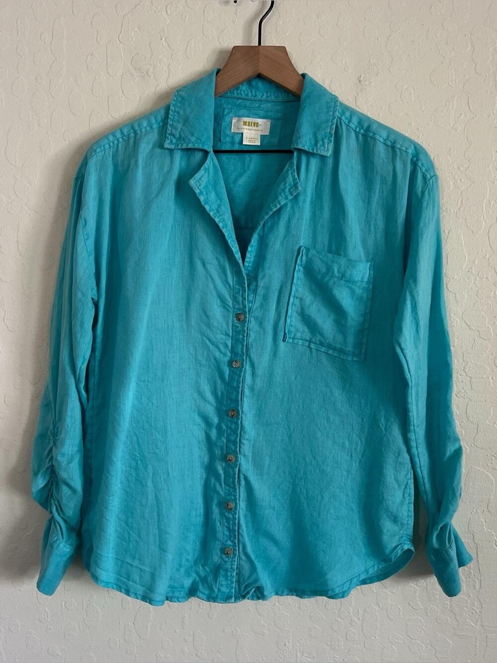 Anthropologie Maeve 100% Linen Ruched Long Sleeve Button Down Shirt XS Blue Boho